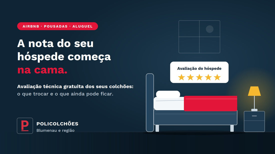 Ilustração de quarto de hospedagem com cama arrumada e cartão de avaliação do hóspede com cinco estrelas — avaliação técnica gratuita de colchões Policolchões