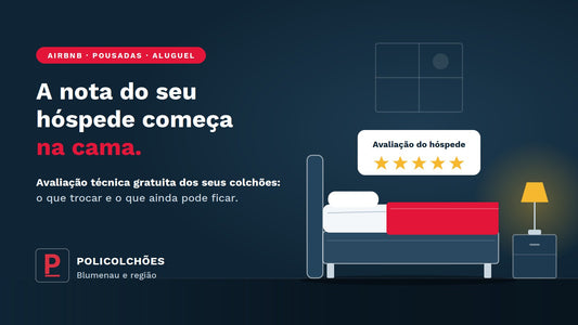 Ilustração de quarto de hospedagem com cama arrumada e cartão de avaliação do hóspede com cinco estrelas — avaliação técnica gratuita de colchões Policolchões