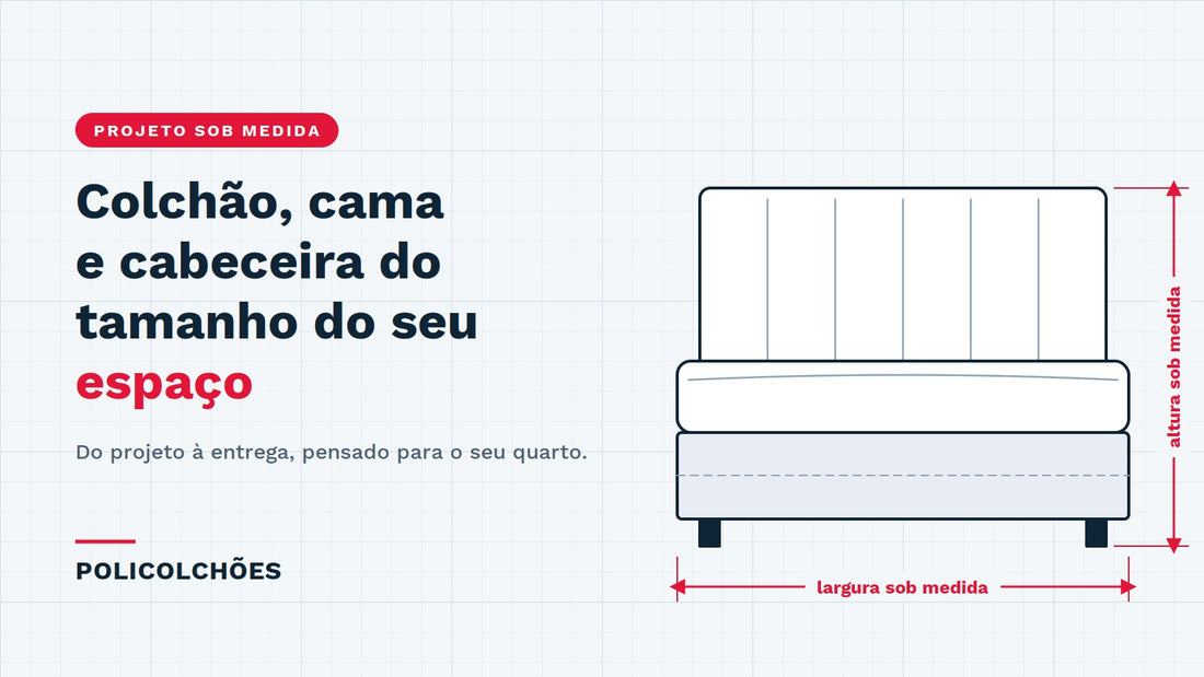 Ilustração de cama com cabeceira e medidas de largura e altura sob medida — projeto sob medida Policolchões