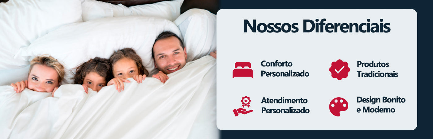 Família na cama com os diferenciais da Policolchões: conforto personalizado, produtos tradicionais, atendimento personalizado e design bonito e moderno
