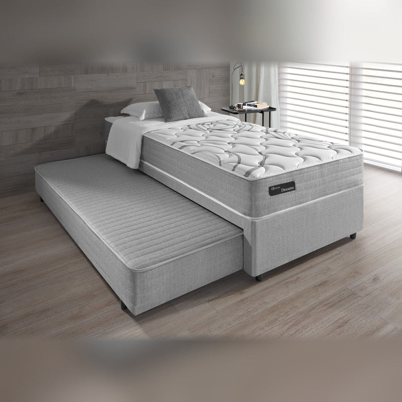 Box Difference com cama auxiliar em quarto, linho cinza