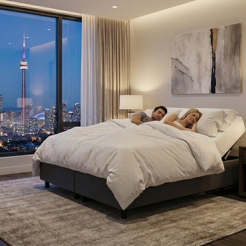 Cama articulada Pilati Empire casal em quarto ambientado, com cabeceira elevada