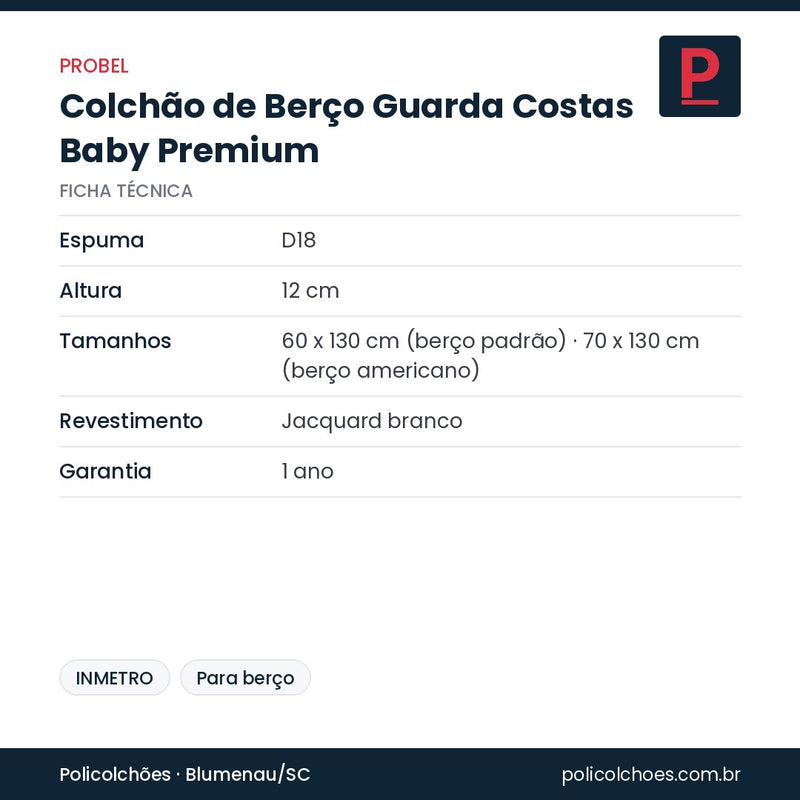 Ficha técnica do colchão de berço Probel Guarda Costas Baby Premium