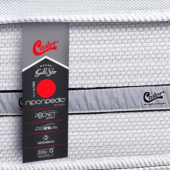 Etiqueta do colchão Castor Gold Star Niponpedic com tecnologias Pocket, tecido Aria 3D e Infrabras