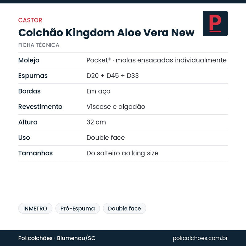 Ficha técnica do colchão Castor Kingdom Aloe Vera New