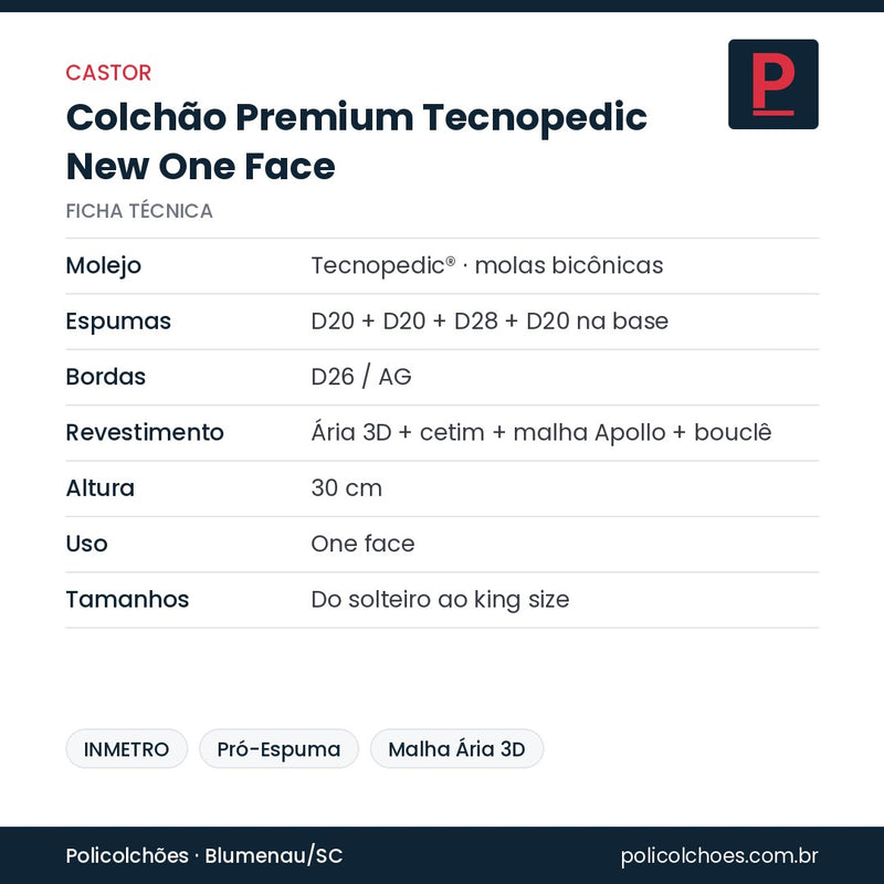 Ficha técnica do colchão Castor Premium Tecnopedic New One Face