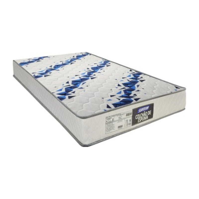 Colchão Gazin Espuma Dream D23 em tecido branco com estampa azul, visto em perspectiva