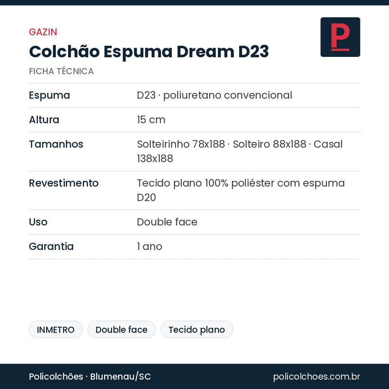 Ficha técnica do colchão Gazin Espuma Dream D23