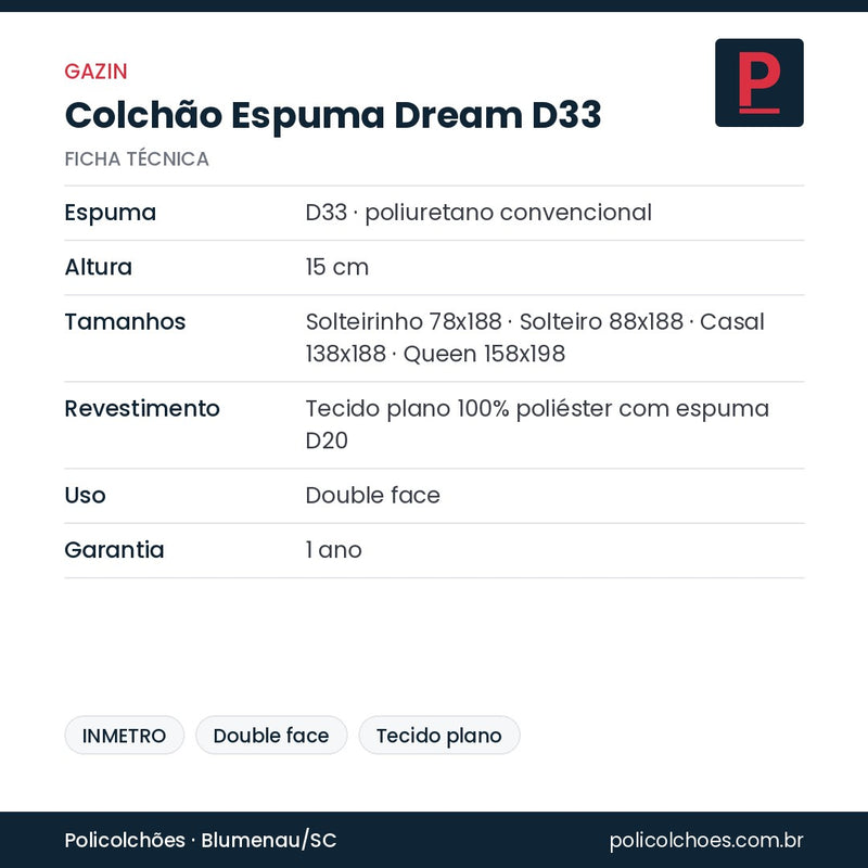 Ficha técnica do colchão Gazin Espuma Dream D33