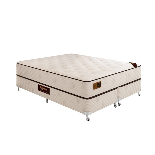 Conjunto cama box e colchão Castor Kingdom Aloe Vera New em tecido bege com detalhes marrons
