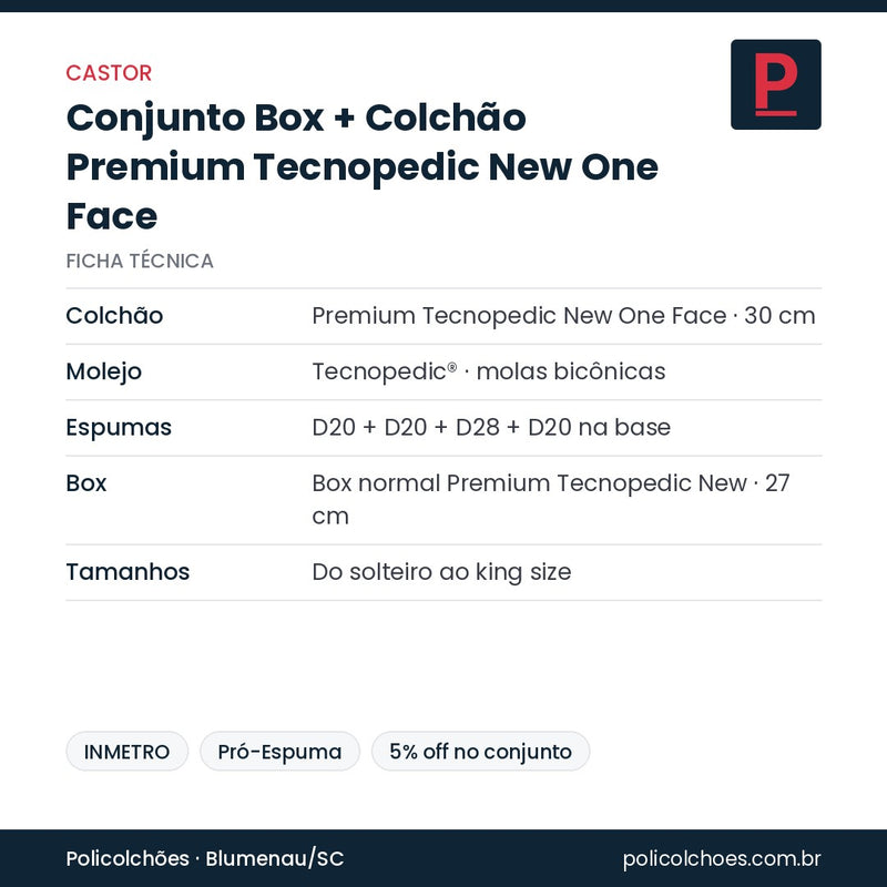 Ficha técnica do conjunto box e colchão Castor Premium Tecnopedic New One Face