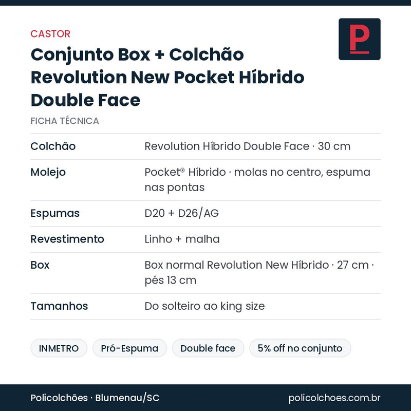Ficha técnica do conjunto box e colchão Castor Revolution New Pocket Híbrido Double Face