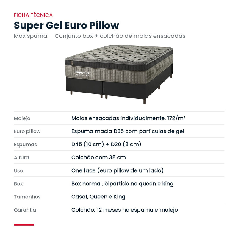 Ficha técnica do conjunto box e colchão Maxispuma Super Gel Euro Pillow
