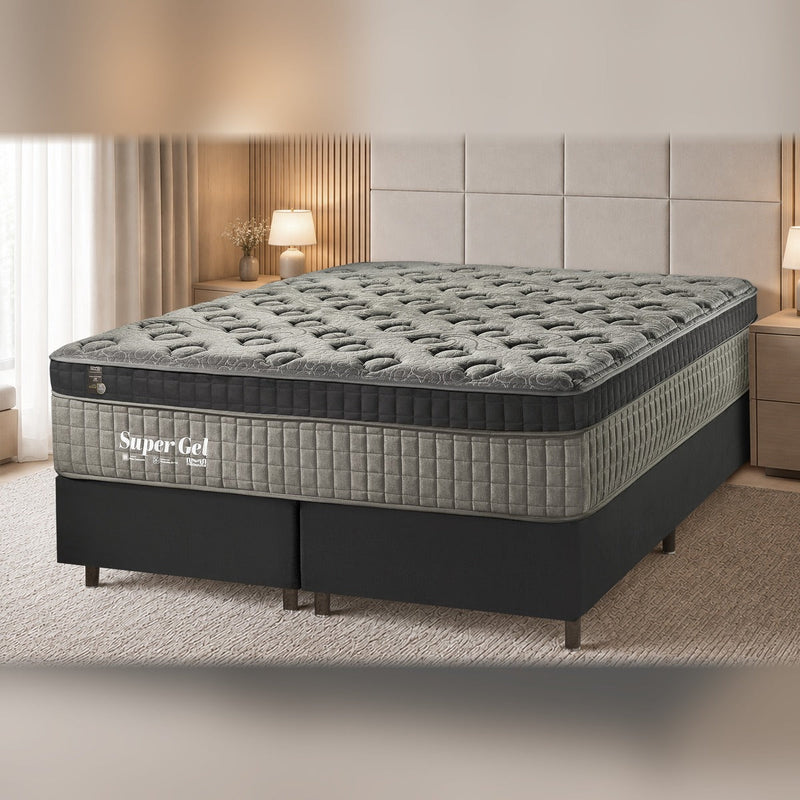 Conjunto Maxispuma Super Gel com box preto ambientado em quarto