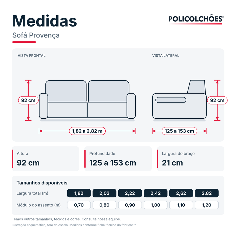 Medidas do Sofá Provença: largura de 1,82 a 2,82 m, altura 92 cm, profundidade 125 a 153 cm e tabela de tamanhos