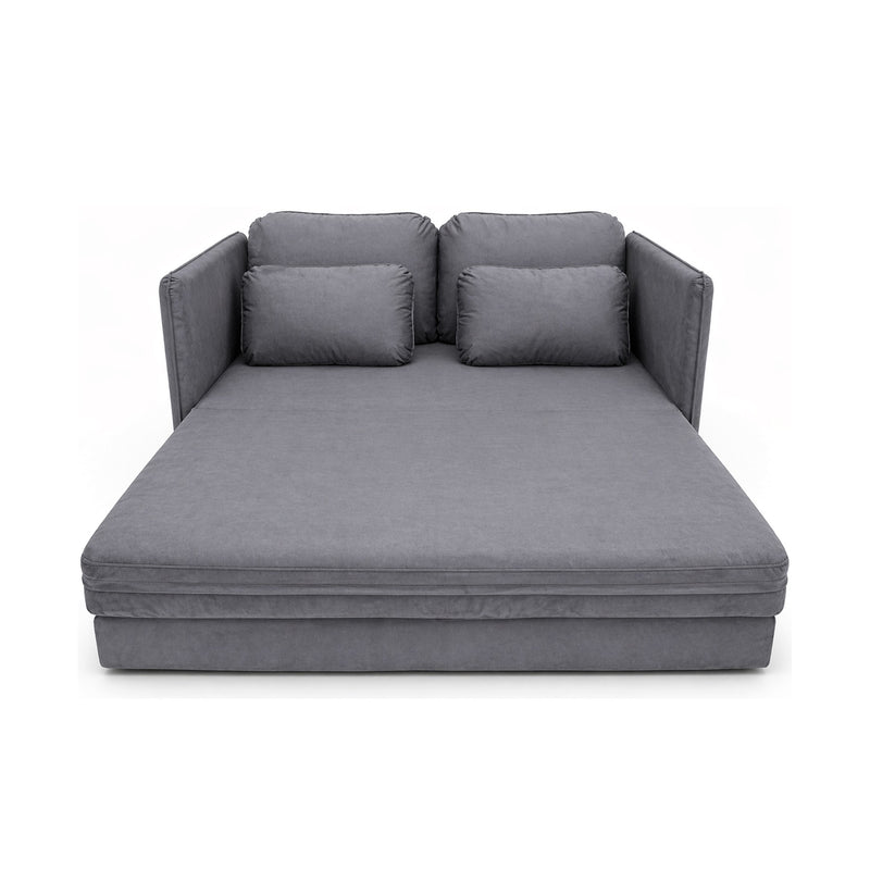 Sofá Cama Ipê cinza aberto como cama, vista frontal