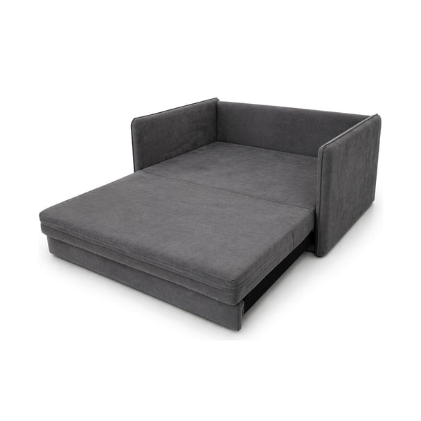 Sofá Cama Ipê cinza aberto como cama, vista em perspectiva