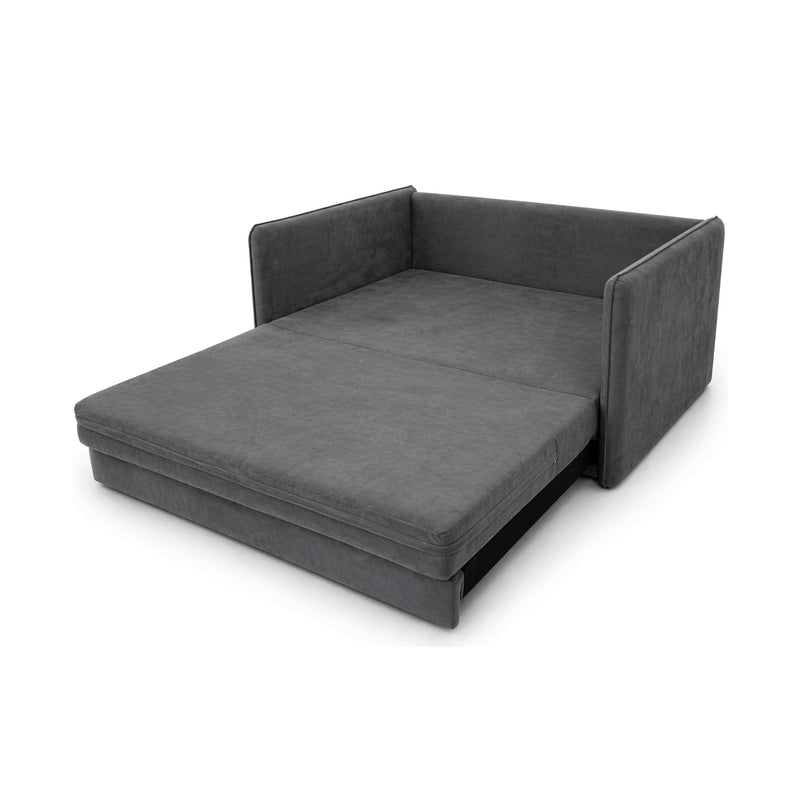 Sofá Cama Ipê cinza aberto como cama, vista em perspectiva