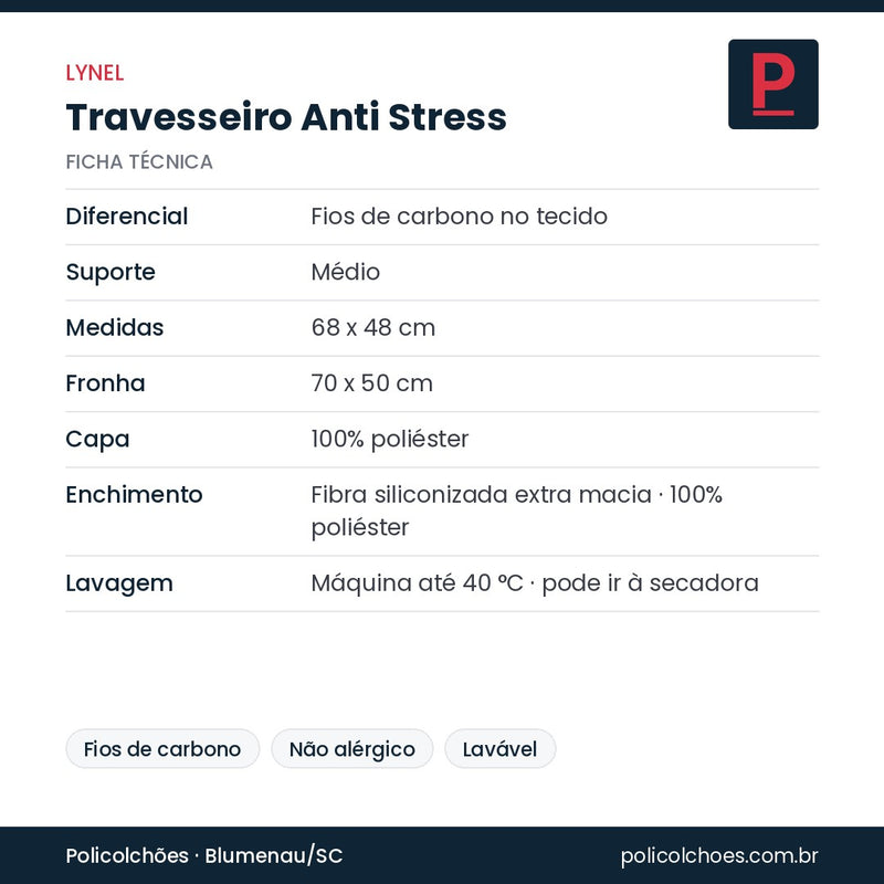 Ficha técnica do travesseiro Lynel Anti Stress
